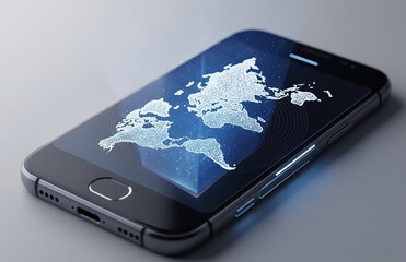 Modern Concept Phone Shows World Network Via Hologram Light Above Reflective Glass Tabletop