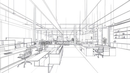 Architectural sketch of a modern open-plan office space.