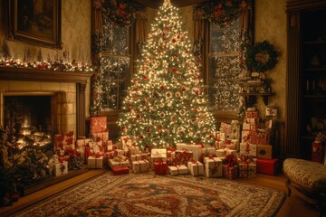 Christmas tree with gifts, adding a festive and welcoming atmosphere to the living room, Generative AI