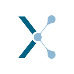A logo forming a stylized letter 'X', with a solid teal chevron on the left and a light blue abstract molecular structure with three nodules on the right