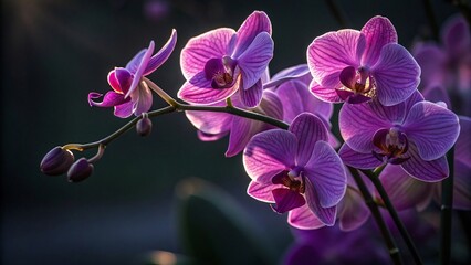 Naklejka premium A cluster of vibrant purple orchid flowers blooms gracefully, showcasing their delicate petals and intricate details