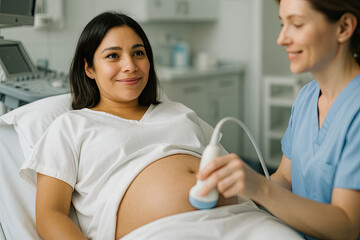 Fototapeta premium Medical Ultrasound Exam for Latina Expecting Mother in Clinical Setting