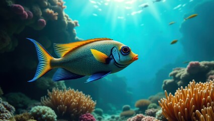 Obraz premium Colorful fish swims among vibrant coral reefs.