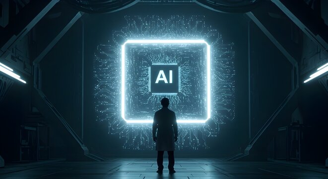 Silhouette of a scientist in a lab coat facing a massive AI core