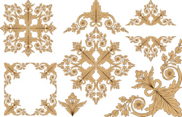 Decorative design set featuring flourish borders, corner elements, and frames, ideal for invitations, menus, and page embellishments. Perfect for enhancing layouts with elegant vector details.