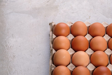 a cardboard egg tray container full with chicken eggs lay on gray color concrete background