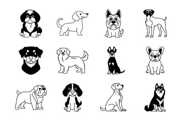 Fototapeta premium Collection of black and white icons of purebred dogs