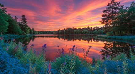 Obraz premium Vibrant Sunset over Serene Lake and Forest