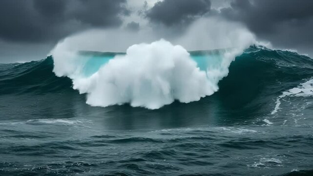Powerful ocean wave crashing in a stormy sea
