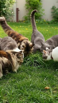 Realistic Video Of Many Cats Eating Grass In An Outdoor Setting