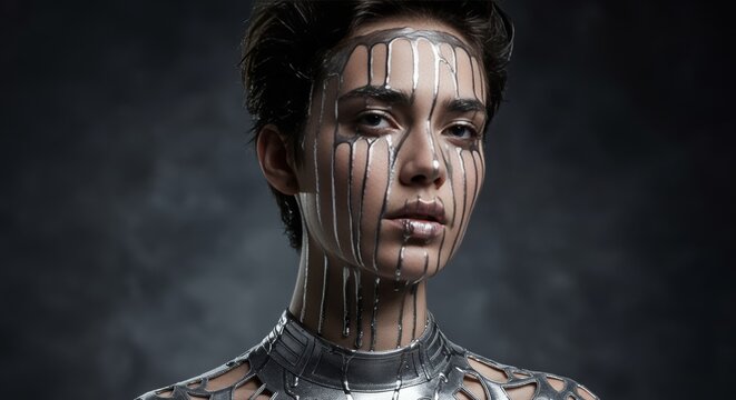 Mysterious Woman with Metallic Makeup and Dark Background