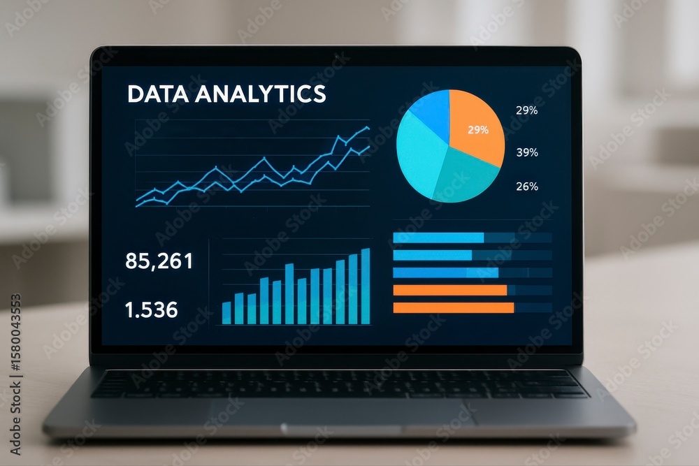 Poster laptop showing data analytics with charts and graphs on the screen