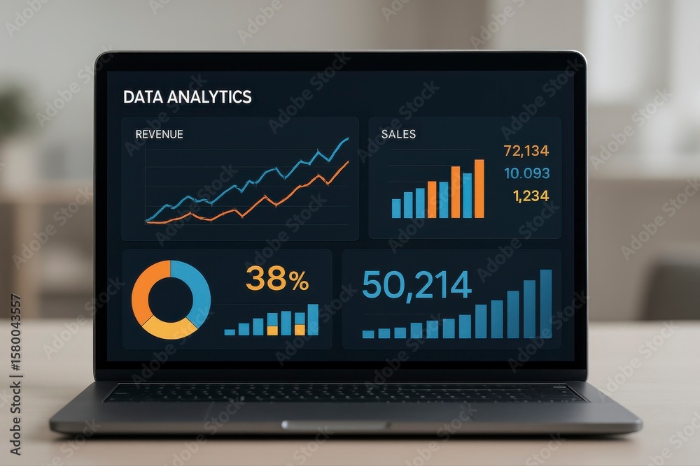 Poster laptop displaying data analytics with charts and graphs on the screen