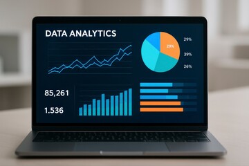 Laptop showing data analytics with charts and graphs on the screen