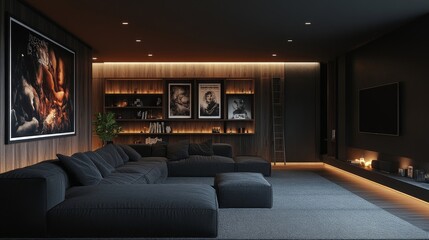 Interior with a black sofa and ladder shelf in a modern living room with wooden paneling and a dark blue wall with a poster, offering a stylish and inviting atmosphere, Generative AI