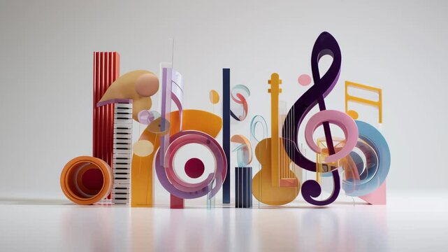 Colorful paper cutout illustration featuring various musical instruments and notes arranged creatively on a white background, showcasing the vibrant essence of music and artistic expression