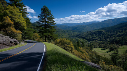 Fototapeta premium Peaceful Scenic Road Through Lush Green Forest Under Clear Blue Sky – Nature-Inspired Travel Landscape, scenic road, green forest, sunlit trees, roadside nature, eco-tourism, forest drive, summer land
