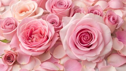 Fototapeta premium A beautiful arrangement of pink roses and petals creates a romantic and elegant floral background