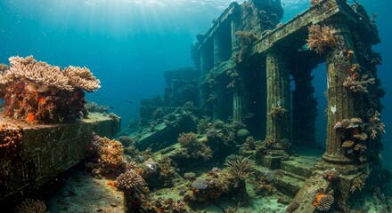 Submerged Antiquity: An Underwater Temple Complex Embraced by the Ocean's Depths