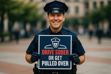 Smiling police officer holding awareness sign reading “Drive Sober or Get Pulled Over” in public square