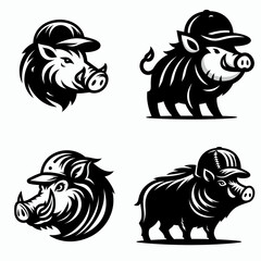 boar with baseball helmet. Football Sports Ball Game silhouette Clipart Line Art Vector Illustration. Wild pig wearing ballgame headgear protective head covering for swine.