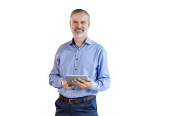 Smiling handsome businessman manager standing with tablet computer on a transparent background
