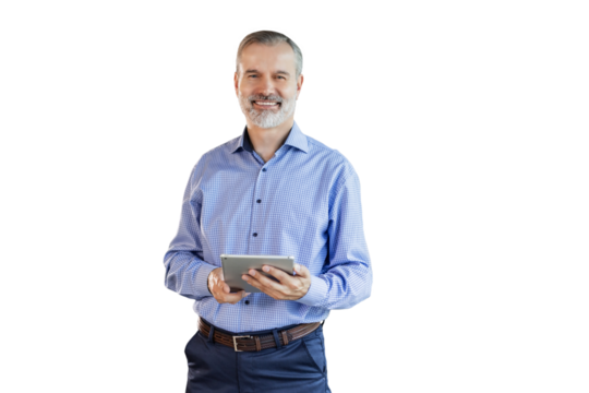 Smiling handsome businessman manager standing with tablet computer on a transparent background