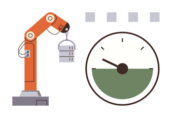 Robotic arm hoisting object and circular progress gauge indicating task completion. Ideal for automation, manufacturing, productivity, engineering, precision, robotics, process optimization. Simple