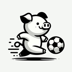 Pig play soccer. Football Sports Ball Game silhouette Clipart Line Art Vector Illustration. Swine enjoy foot activity pet having fun with globe.