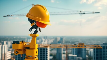 Fototapeta premium Yellow Construction Helmet on crane and blue sky background