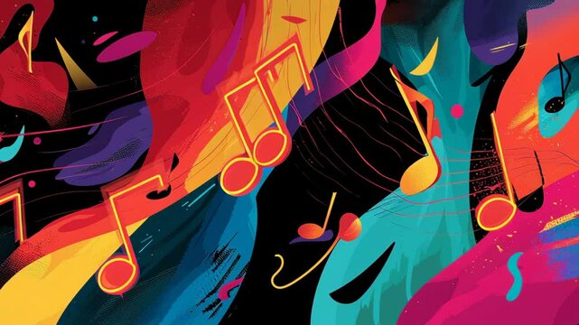 Vibrant abstract illustration featuring colorful musical notes and flowing waves of paint in shades of blue, pink, orange, and purple, creating a dynamic and energetic atmosphere for music-themed desi