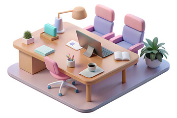 A dualchair office desk setup with a computer and plants isolated on transparent background
