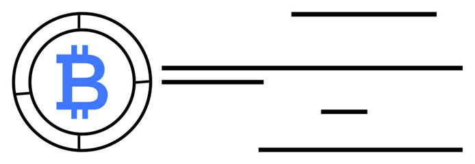 Bitcoin coin icon with minimal horizontal lines denoting transfer and motion. Ideal for cryptocurrency, digital finance, blockchain, virtual currency, payment systems, fintech, simple landing page