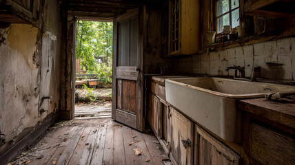 Analog horror style, decaying farmhouse kitchen, cracked porcelain sink, rotting wooden cabinets