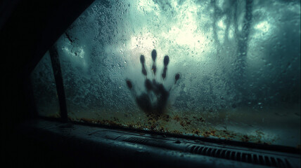 Analog horror style, fogged-up window of an abandoned car