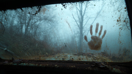 Analog horror style, fogged-up window of an abandoned car