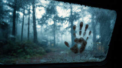 Analog horror style, fogged-up window of an abandoned car