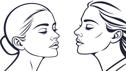 Vector art of two elegant womens faces in profile, facing each other in a line art style