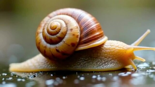 Snail with spiral shell crawling. 4k video