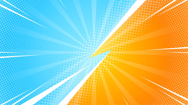 Vibrant blue and orange comic book background suitable for graphic designs, posters, children's books, digital illustrations, and superhero themes.