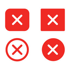 Red Cancel Close Icon Set – Flat Vector X Mark Buttons in Circle and Square Shapes