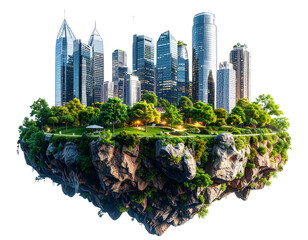 Futuristic Floating Island City with Glass Skyscrapers and Green Parks &ndash; AI Generated PNG