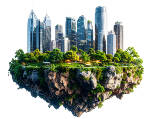 Futuristic Floating Island City with Glass Skyscrapers and Green Parks – AI Generated PNG