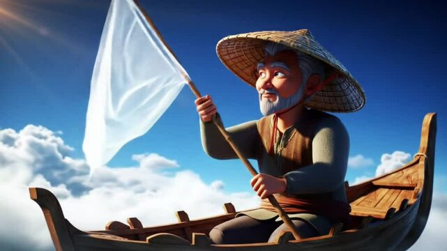 A whimsical cartoon illustration of an old fisherman in a straw hat fishing from a small wooden boat floating in the sky among clouds.