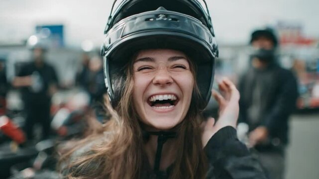 Joyful girl wearing a helmet, excited for go-kart racing in outdoor track during sunny day with friends nearby