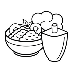 Outlined Illustration of a Healthy Meal with Bowl, Salad, and Condiment Container on Clean White Background