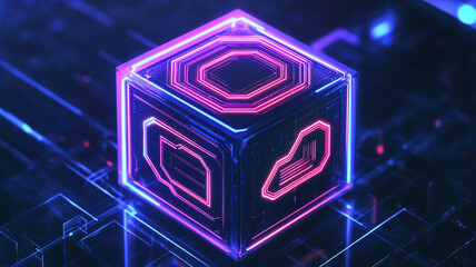Futuristic hex box logo with layered circuit design for cloud data icon