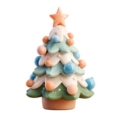 Obraz premium Cute Soft Lighting 3D Christmas Tree in Clay Style with Decorations, Isolated on Transparent White Background