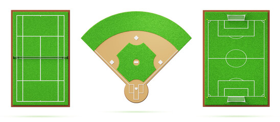 3d set of realistic tennis court, baseball diamond and soccer pitch top view render. Isolated sport ground with net and home base, football field with goal, green grass and white line. 3D illustration © marozhkastudio