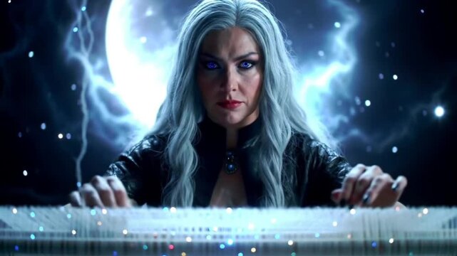 A powerful sorceress or goddess weaving fate on a magical loom under a stormy, moonlit sky.